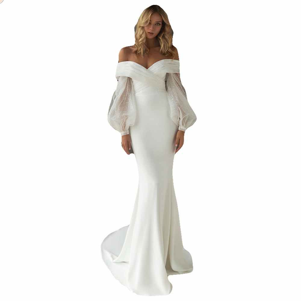 Modest Mermaid Dresses Sequins Tulle Sweep Train Off Shoulder Wedding Dress Bridal Gowns Plus Size Sleeves abiti da sposa