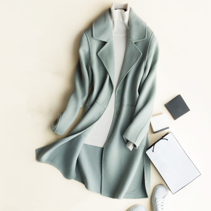 High Quality Autumn Winter Double-Sided Cashmere Coat Women Jacket Long Slim Wool Suit Collar Solid Cardigan Female Outwear T200315