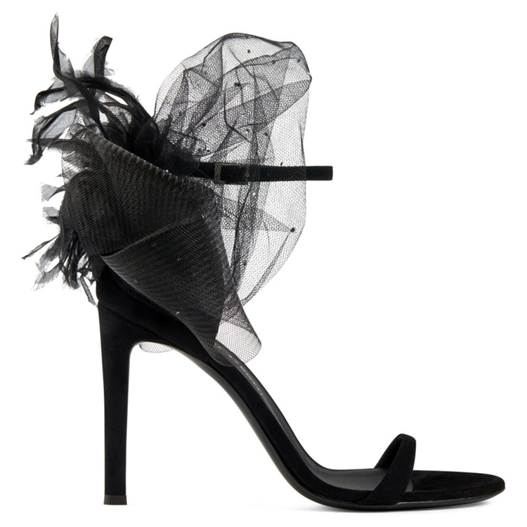 Sexy Black Flowers Feather Wedding Shoes For Lady Bride Open Toe Sandals Women Stiletto Jeweled High Heels Prom Evening Pumps Sheepskin Cocktail Party