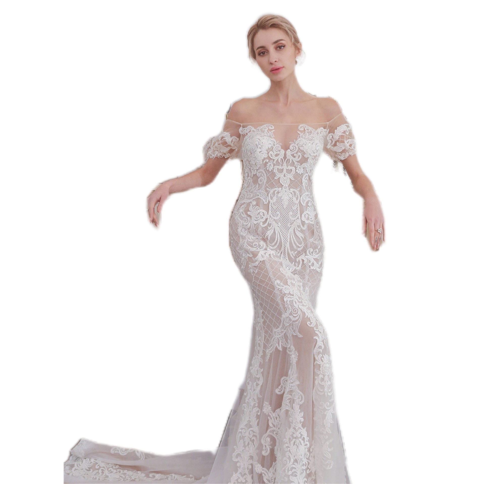 2022 Mermaid Wedding Dresses Off-shouder V-neck Custom made Appliques Race Sweep Train White Ivory Bridal Gowns