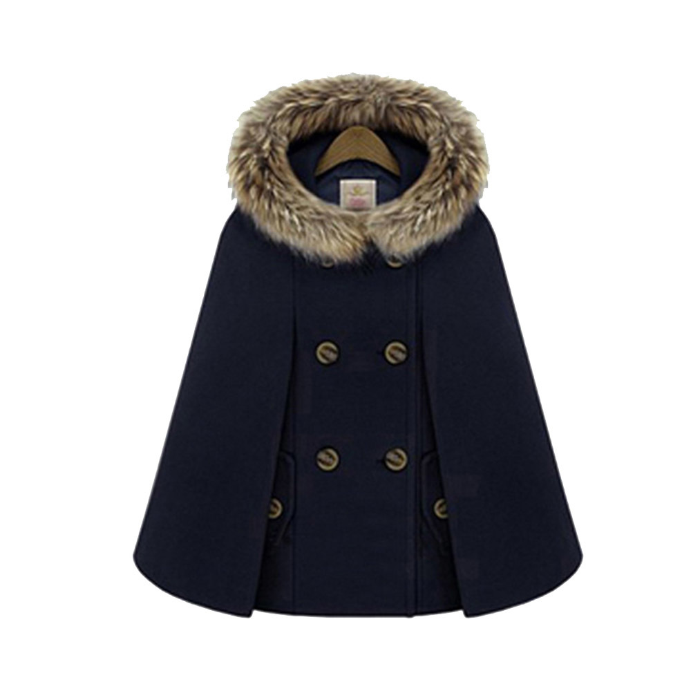Woolen Female Elegant Poncho and Capes Coat Women Hooded Cape Fur Collar Double Breasted Winter Loose Street Short Overcoat Red 201214
