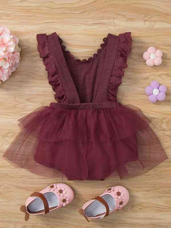 Baby Girl Contrast Mesh Eyelet Embroidery Ruffle Trim Bodysuit SHE