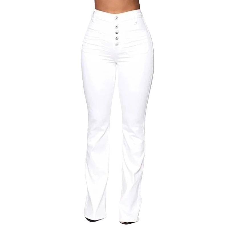 Newly Washed High Waist Button Boot-cut Jeans Women Casual Long Pants Trousers DO99 201109