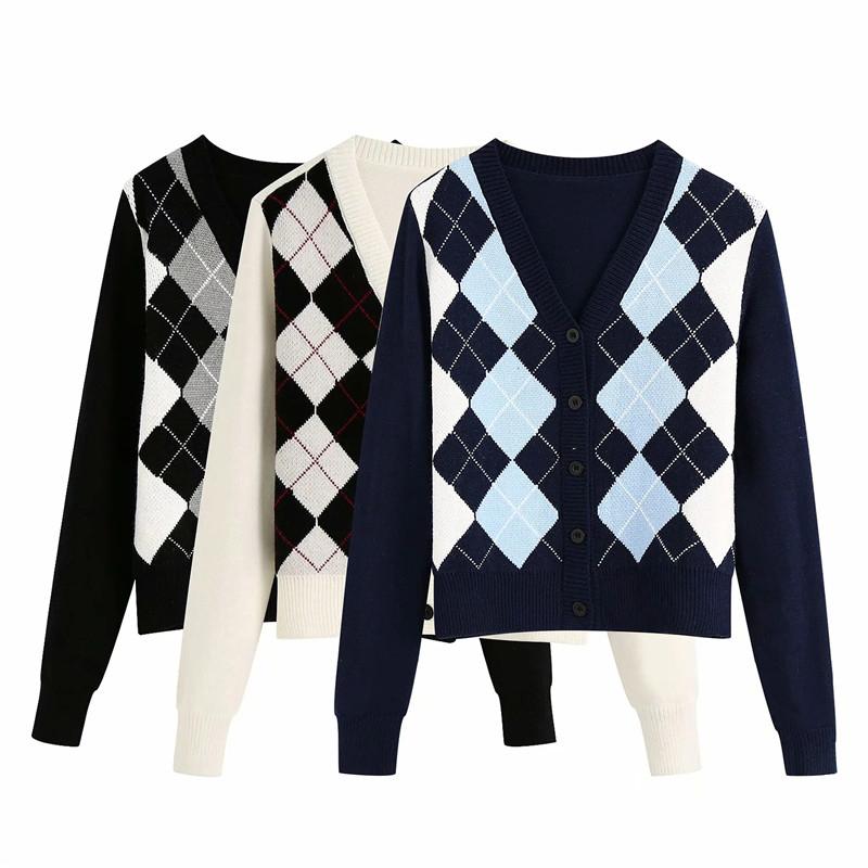 2020 summer vintage british style knitted cardigans fashion women argyle print single breasted long sleeves knit sweater femme, White
2020 summer vintage british style knitted cardigans fashion women argyle print single breasted long sleeves knit sweater femme, White