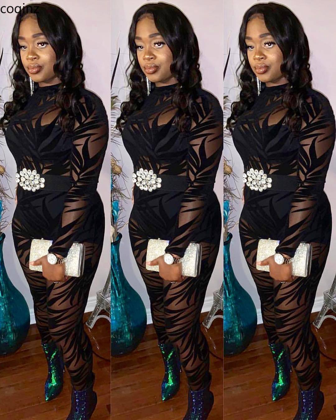 Plus Size Sexy Transparent Jumpsuit Women Bodycon Rompers Womens Overalls Body Streetwear Mesh Bodysuit Mono Mujer SJ3246 T200509