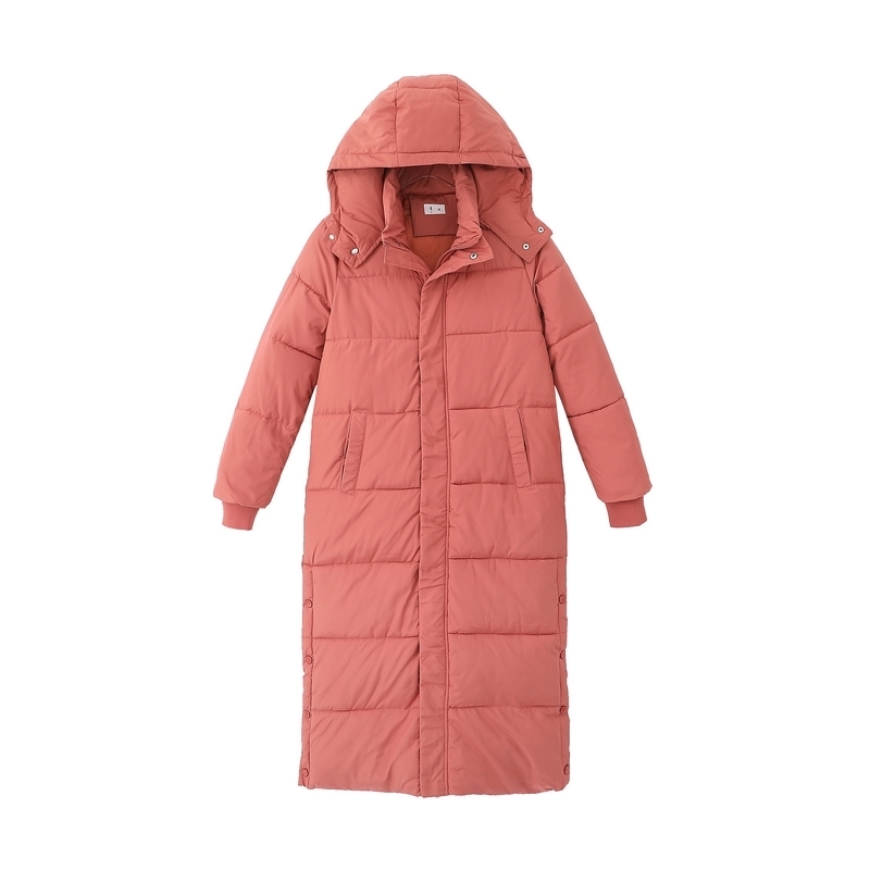 fashion x-long stand collar hooded winter down jacket women solid full sleeve button slit zipper ladies down coat parka female 201019