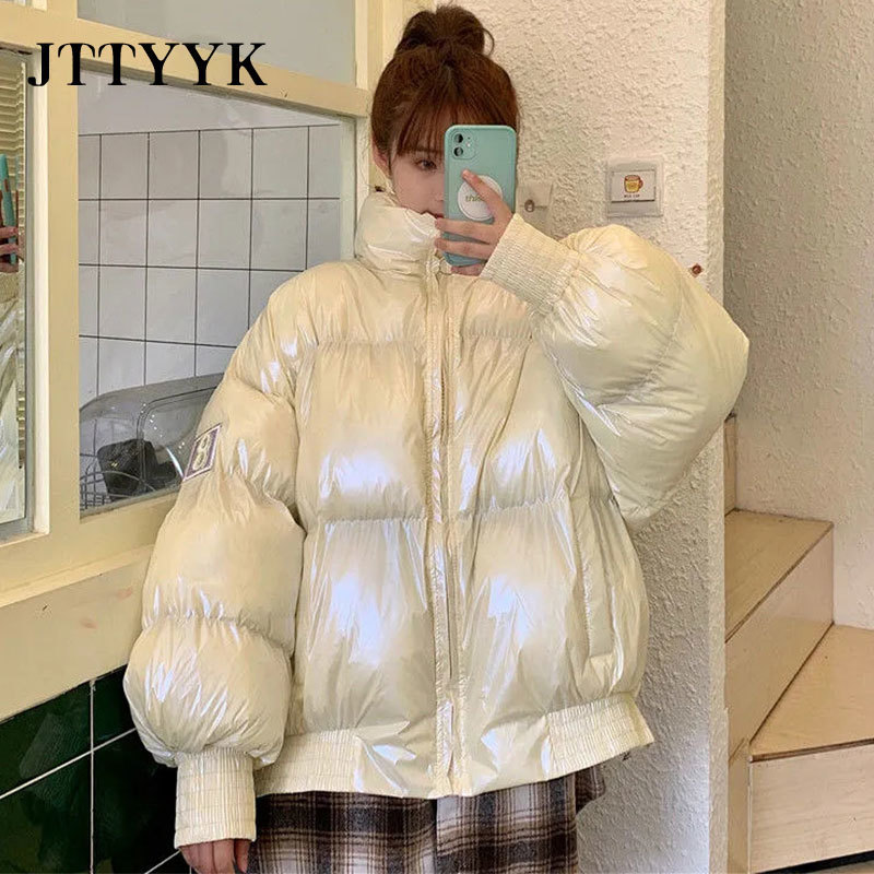 2020 New Winter Short Parka Loose Candy Color Glossy Down Coat Jacket Women Korean Sweet Stand Collar White Duck Down Overcoat T200810
