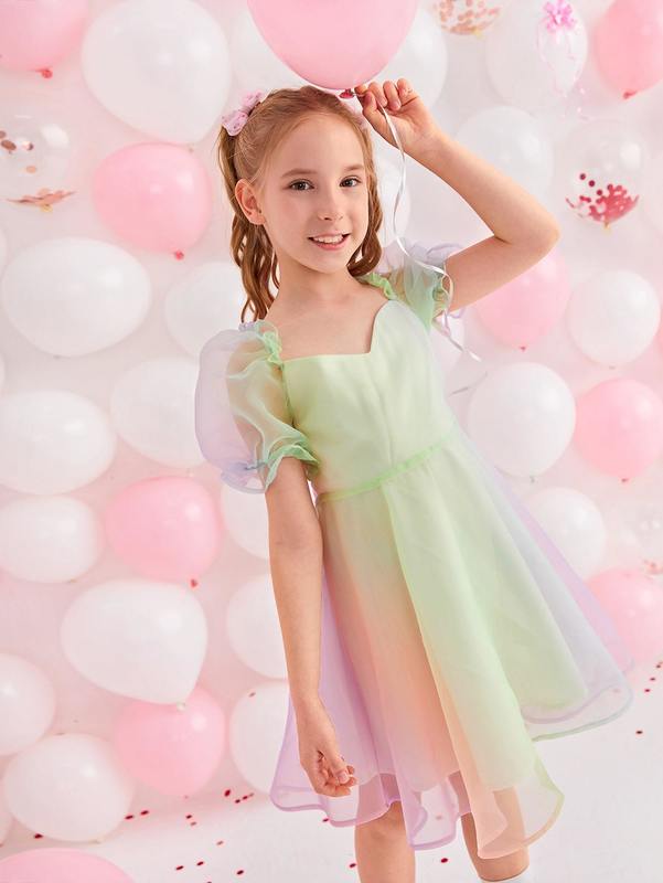 Girls 1pc Colorblock Puff Sleeve Mesh Overlay Dress SHE