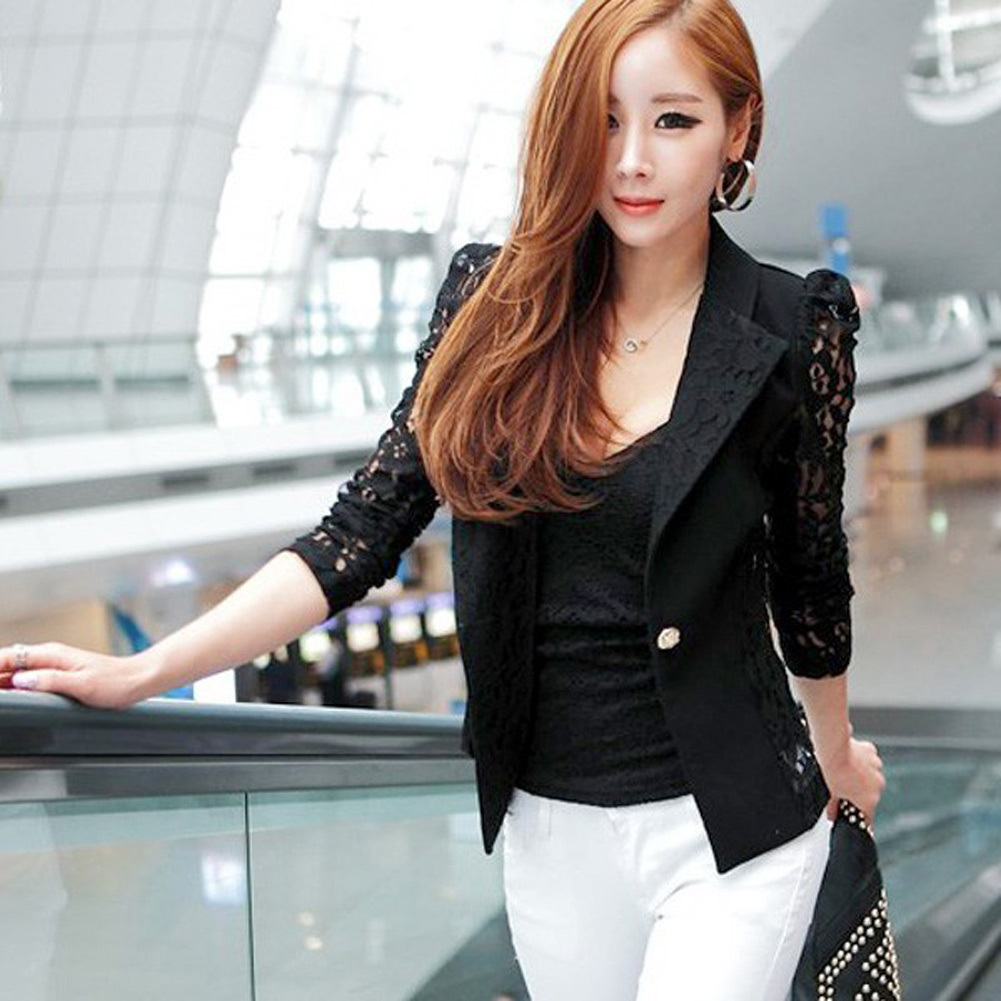 Elegant Women Blazer Long Sleeve Hollow Out Female Jacket Lace Patchwork Office Ladies Suits OL Outwear Black White Plus Size 201105