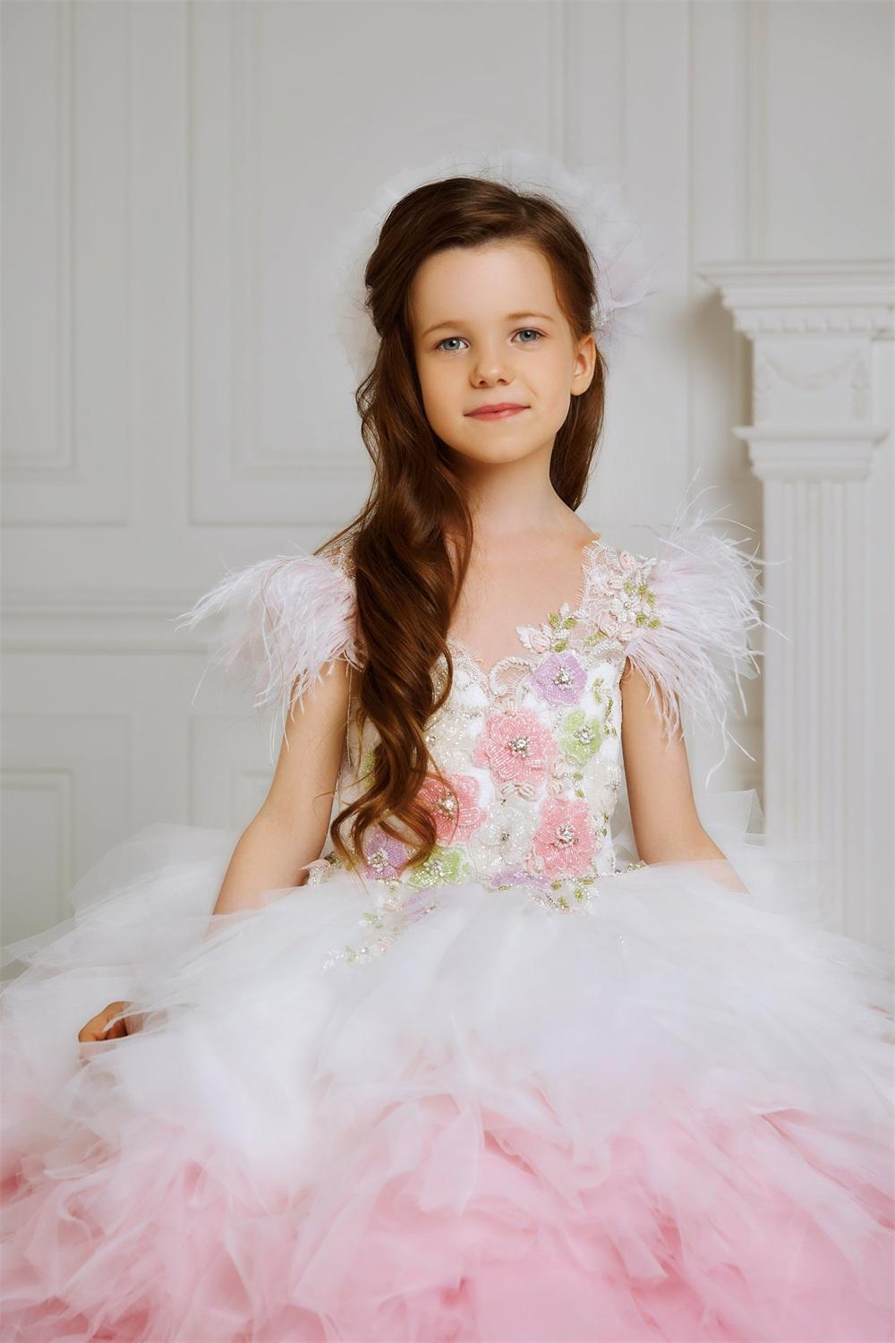 Colorful Tiered Cupcakes Little Girl Pageant Dresses Feather Sleeve Tutu Tulle Skirt Beauty Prom Pageant Dress First holy Communion Gowns Brithday Par