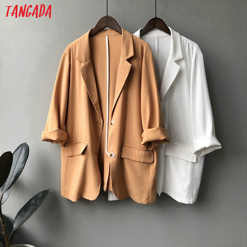 Tangada women spring thin white blazer female elegant jacket casual suits high quality ASF39 201114