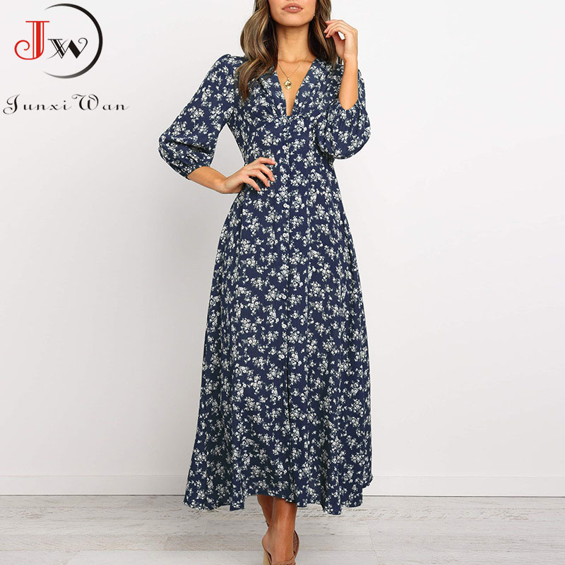 Women Chiffon Long Dress Floral Print Lantern Sleeve A-line Maxi Vestidos Autumn New Elegant Vintage V Neck Winter Dresses 201204