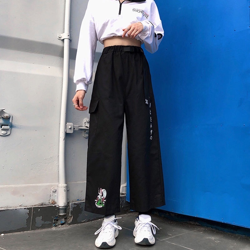 Women New Wide Leg Pants Fashion Elastic High Waist Harajuku Sweatpants Female Streetwear Casual Loose Ankle Length Black Pants 201106