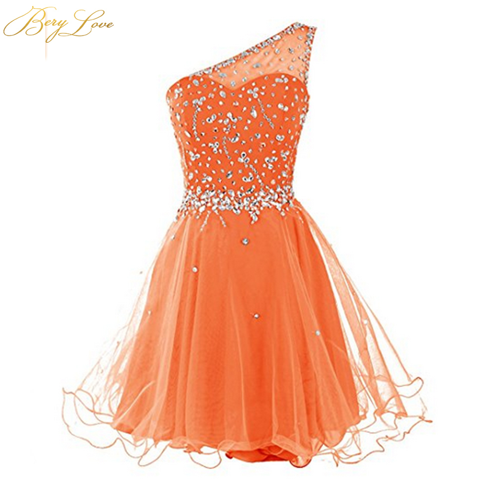 Berylove One Shoulder Homecoming Dress Dark Red Mini Crystals Beaded Tulle Short Girl Gown Prom Dress Mini Party Dress T200604