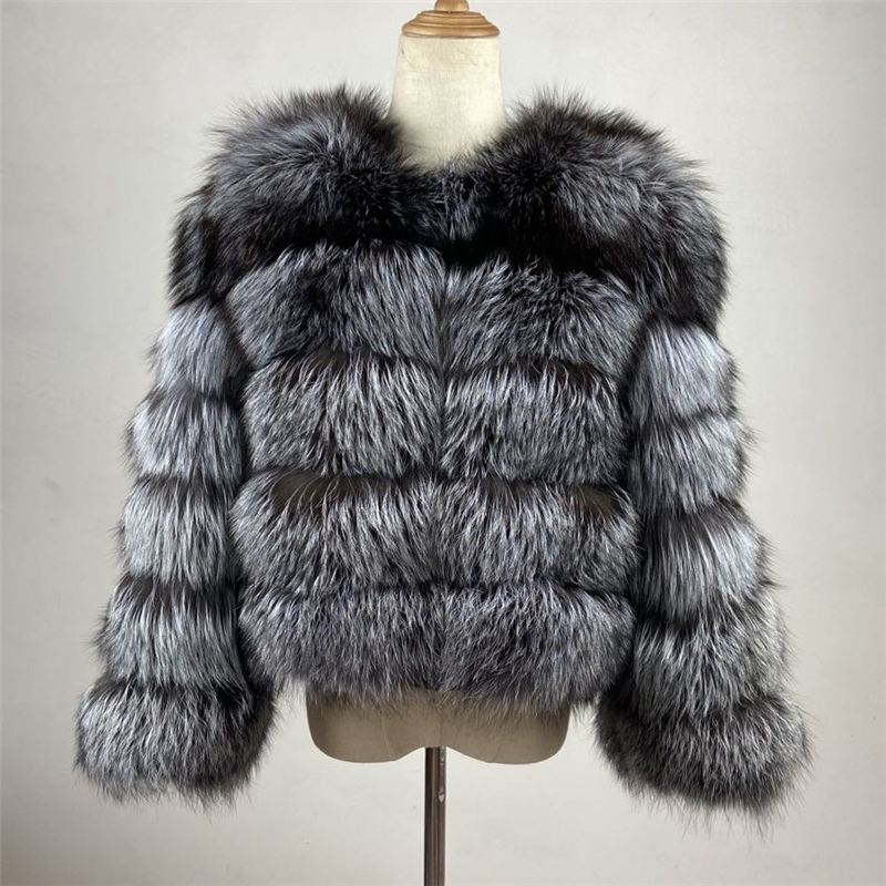 Real Natural Raccoon Fur Silver Short Coat Length 50cm Sleeve Long 55cm Winter Warm Women New B56 201016