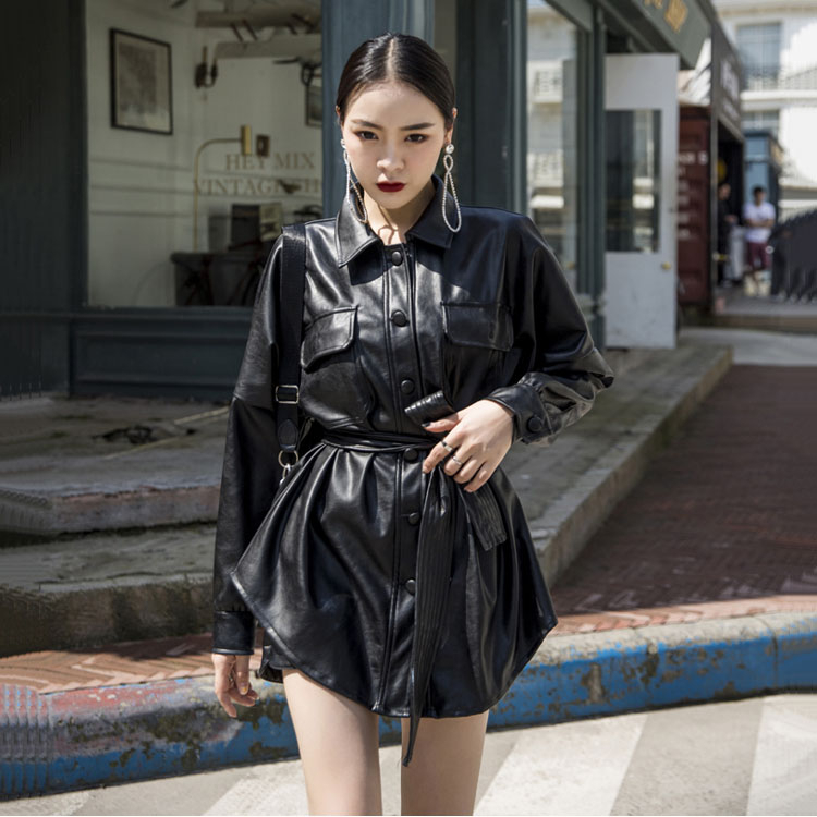 Unua amo PU Leather Sashes Jacket Women Black Punk Coat 2020 Loose Fit Elegant Fashion High Quality Faux Leather Jackets T200814