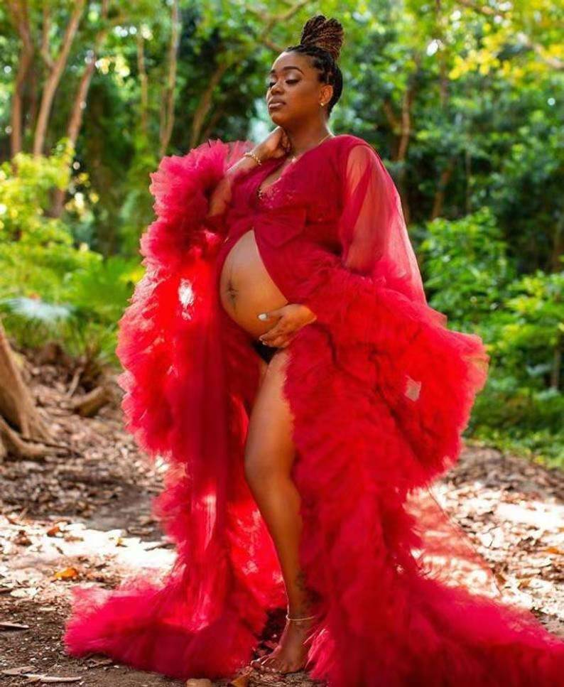 Red Maternity Undergarments Luxury Ruffles Long Sleeves Wedding Sleepwear Bathrobes Nightgowns Tiered Skirts Robes Women Dress Kimono