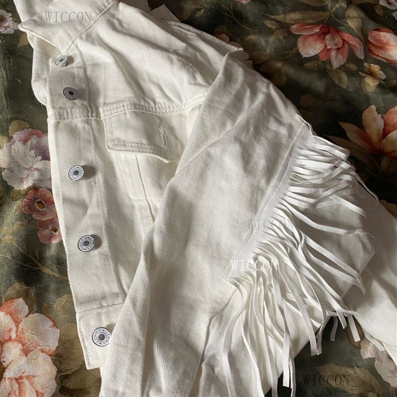 Women Denim Tassel Jackets Short Fashion Tops Female Casual Long Sleeve Button Outwear Coats White Top Jean Jacket Woman Bomber 201106