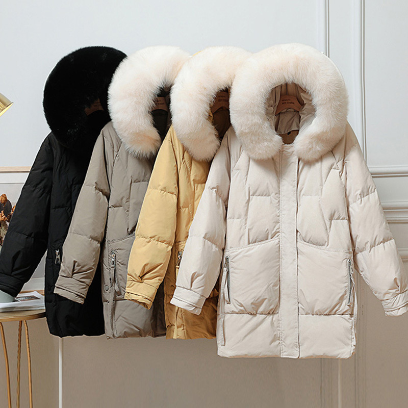 Janveny Women's Down Jacket Winter Large Natural Fox Fur Hooded Medium Long Female Feather Parkas 90% White Duck Coat 201019 B1