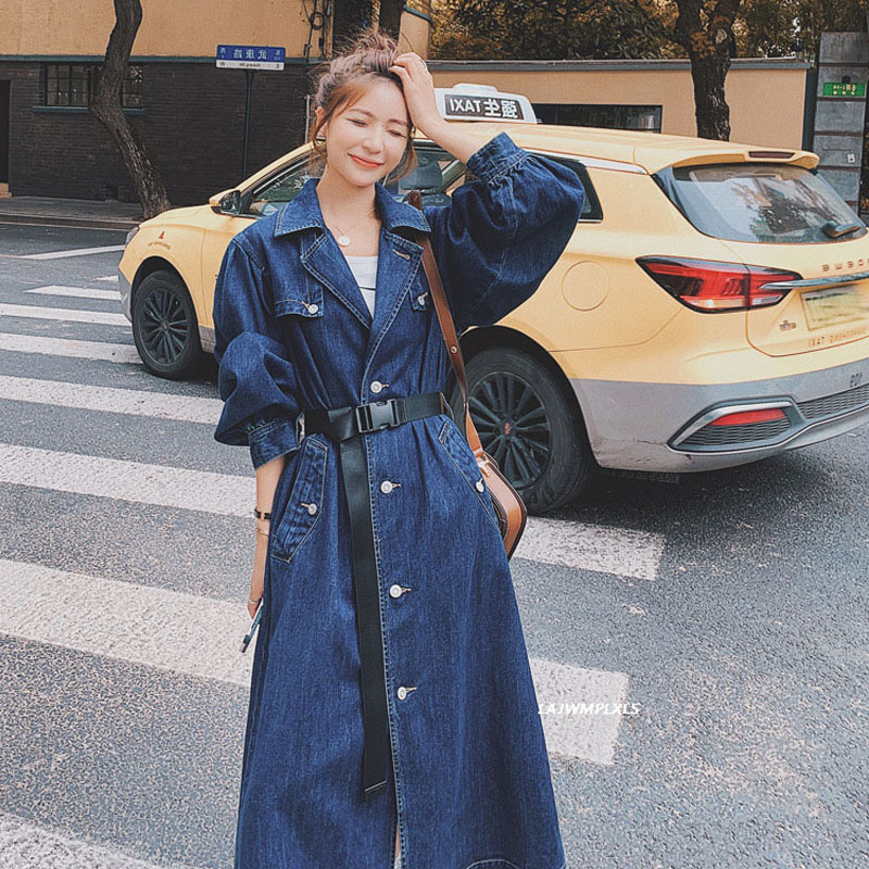 Denim Windbreaker women Autumn New Lady Trench Coat Fashion Lapel Single-breasted long length Jean Overcoat Women with belt T200828