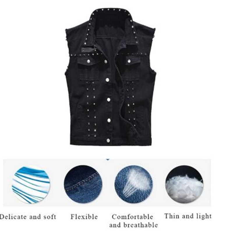 New 2020 Denim Vest Men Punk Rock Rivet Cowboy Black Jeans Waistcoat Fashion Men Motorcycle Style Sleeveless Jeans Jacket M- LJ201217