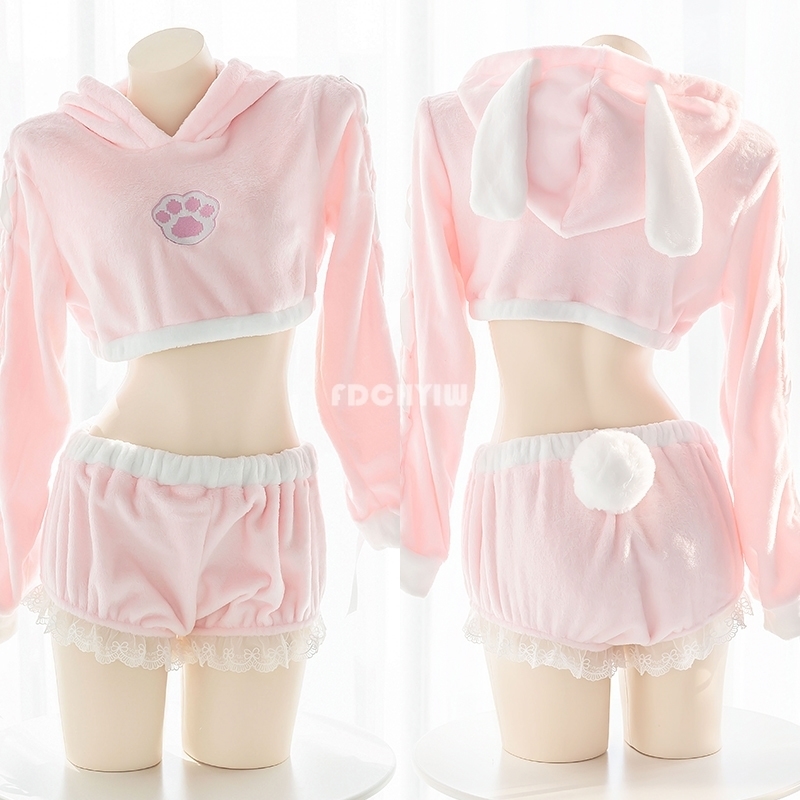 Japanese Lolita Sweet Girl Pajamas Set Kawaii Cat Paw Sexy Bunny Plush Homewear Pink Cropped Hoodies Rabbit Sleepwear 201114