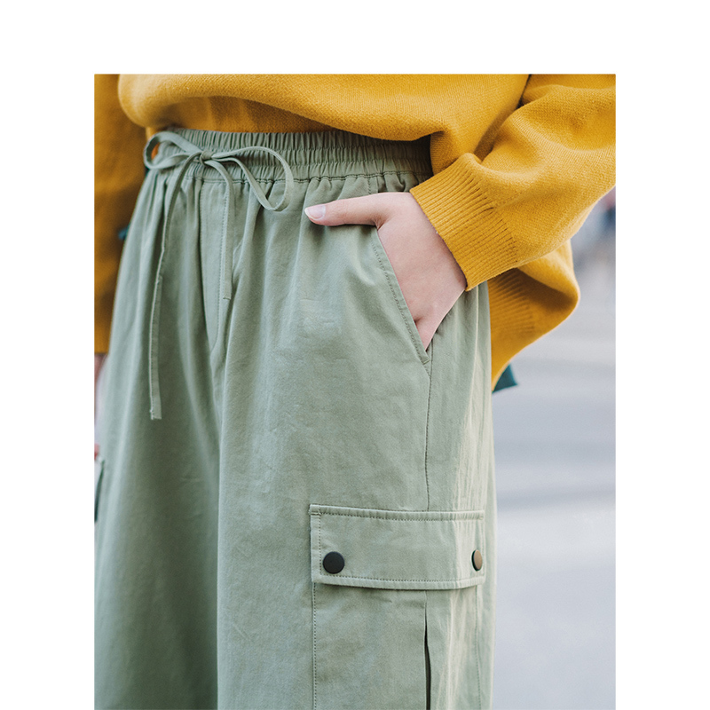 INMAN Spring Autumn 100%Cotton Solid Elastic Waist Pocket Fashion Cool Women Cargo Pants 201111
