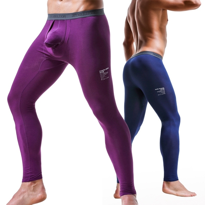 New Long Johns Men Thermal Underwear Male Underpants Leggings Pants Stripe Print Open Tights Compression Sweat Pants Solid 201023