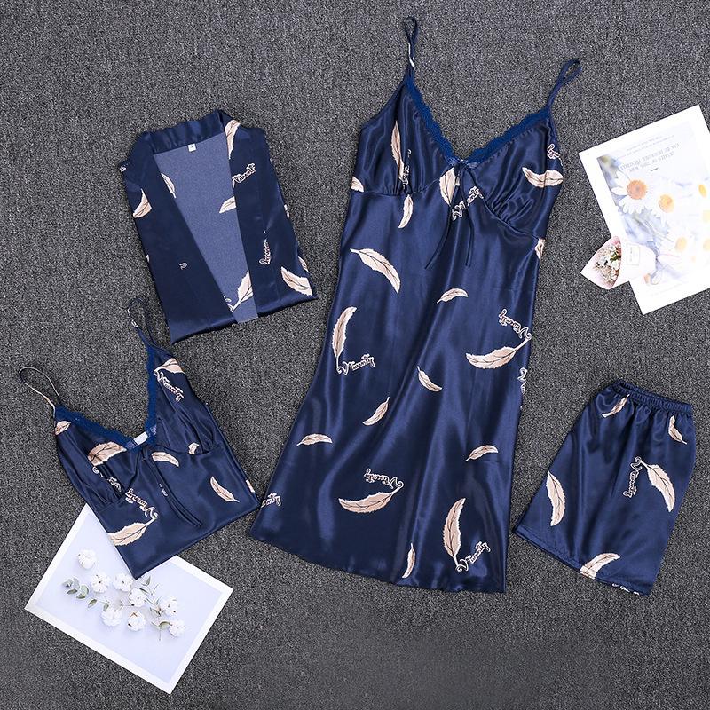 Silk sexy pajamas women's summer suspenders shorts nightgown bathrobe home wear four-piece set lingerie femme, Gray
Silk sexy pajamas women's summer suspenders shorts nightgown bathrobe home wear four-piece set lingerie femme, Gray