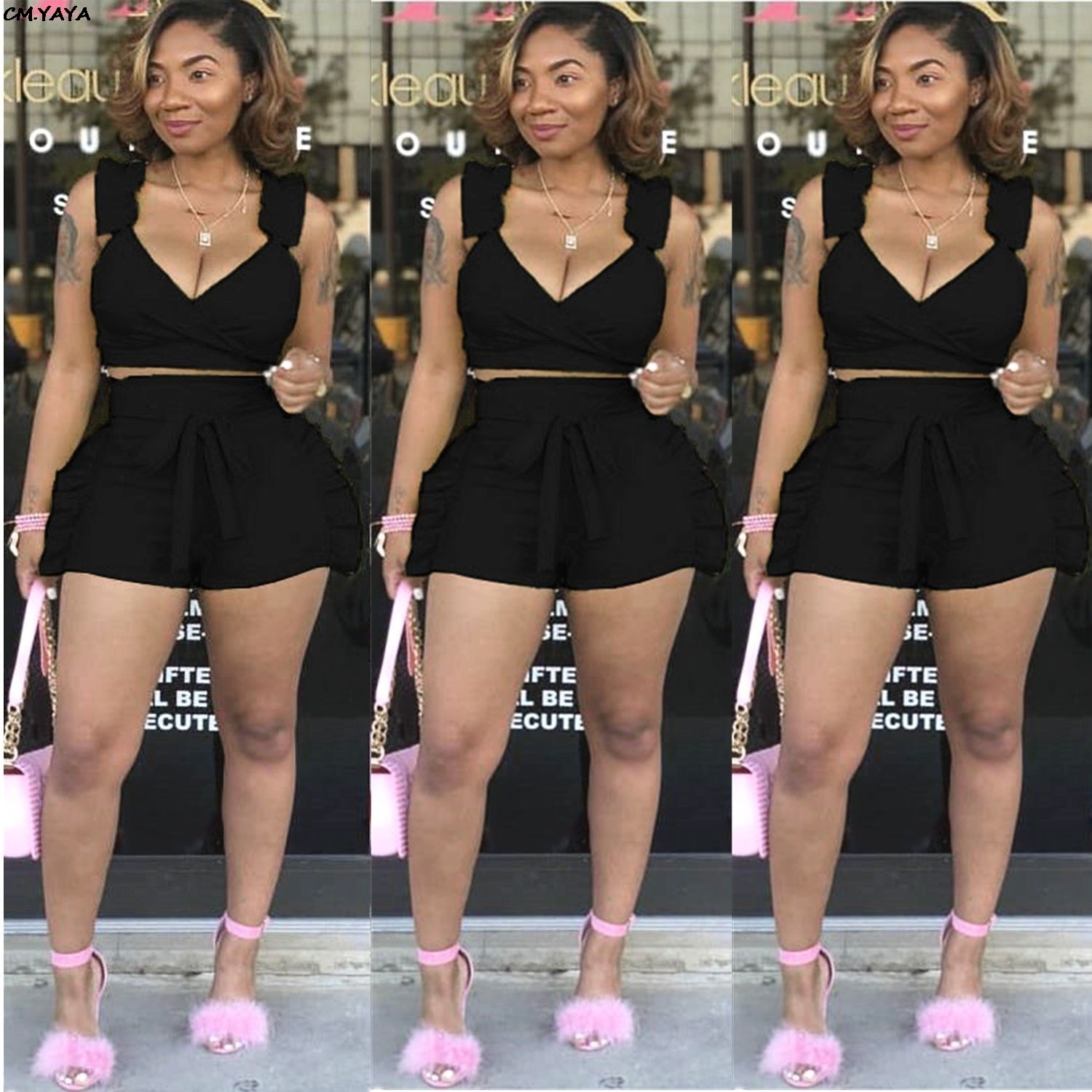2019 women summer ruffles side splicing spaghetti strap vneck crop top & shorts suit two piece set beach tracksuit outfit L5052 T200603