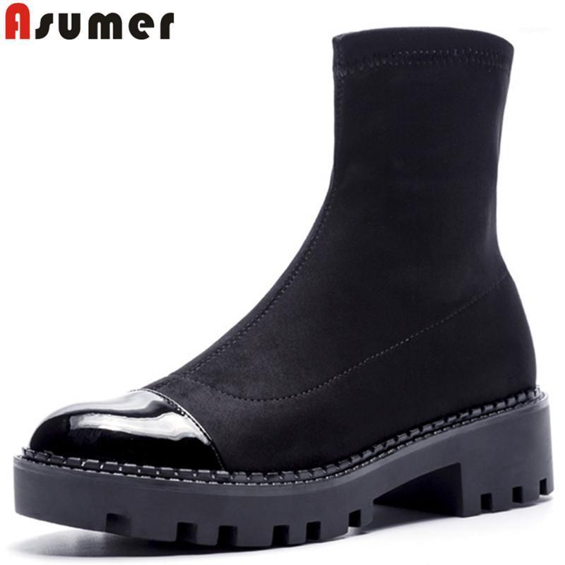 ASUMER fashion boots women round toe platform ankle boots square heels street style ladies stretch fabric+ patent leather1, Black 2