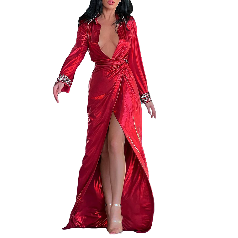 Arabic Red Satin Silk Prom Dress Sexy Deep V Neck Beads Long Sleeve Mermaid Evening Gowns Sweep Train Special Occasion Dresses