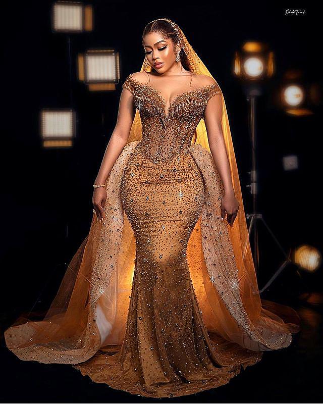 Plus Size Arabic Aso Ebi Gold Luxurious Mermaid Prom Dresses Beaded Crystals Evening Formal Party Second Reception Birthday Engagement Gowns Dress ZJ2