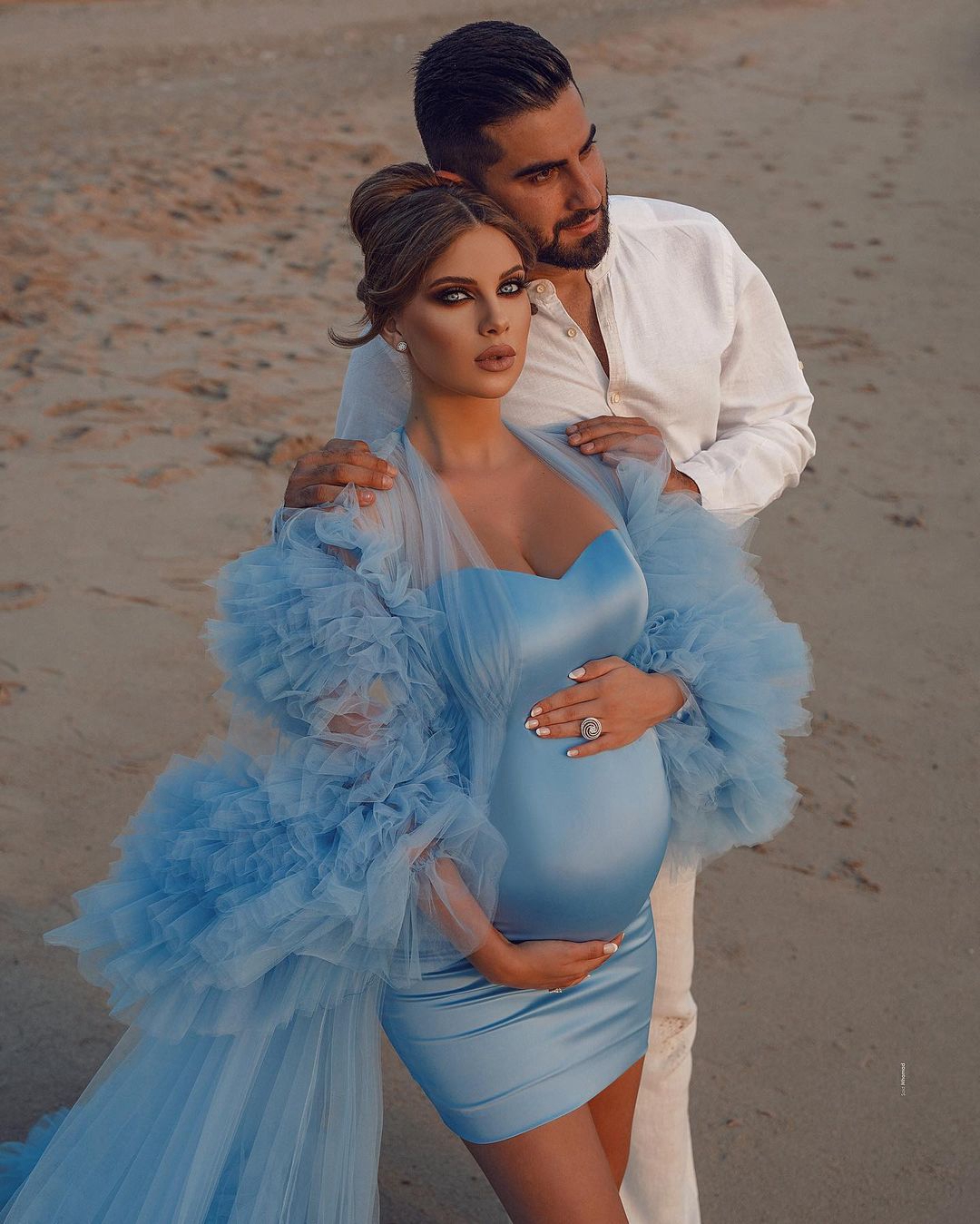 Illusion Sexy Women Blue Tulle Evening Dress Full Sleeves Outfit See Thru Ruffles Puffy Custom Made Party Gowns