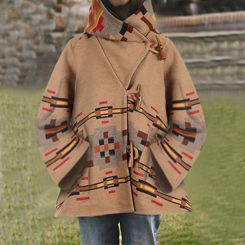 Vintage Geometry Print Hooded Long Jacket Women Autumn Winter Casual Oversized Woolen Coat Female Thick Warm Loose Outwear 201030