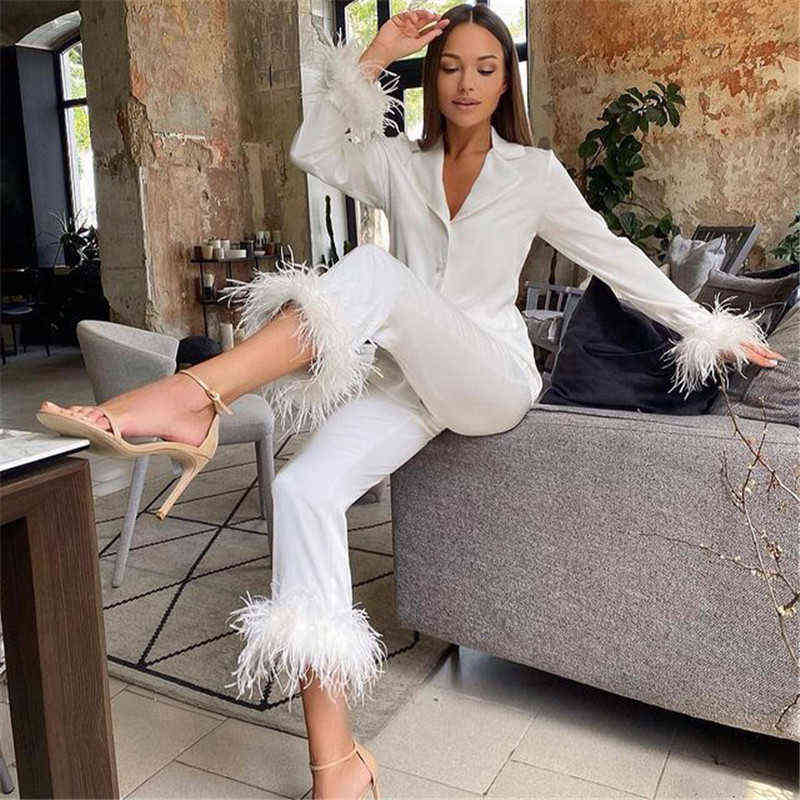 Trendy Women Pajamas Set Autumn Casual Lapel Tops + Feather Pants Suits Sexy Lingerie Nightwear Silk Satin Pyjamas pjs Suit 2Pcs X220214