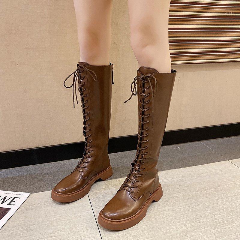 Knee High Boots Platform Women Shoes Lace Up Motorcycle Boots Women Shoes Winter Thigh High Knee Brown Botas Mujer1