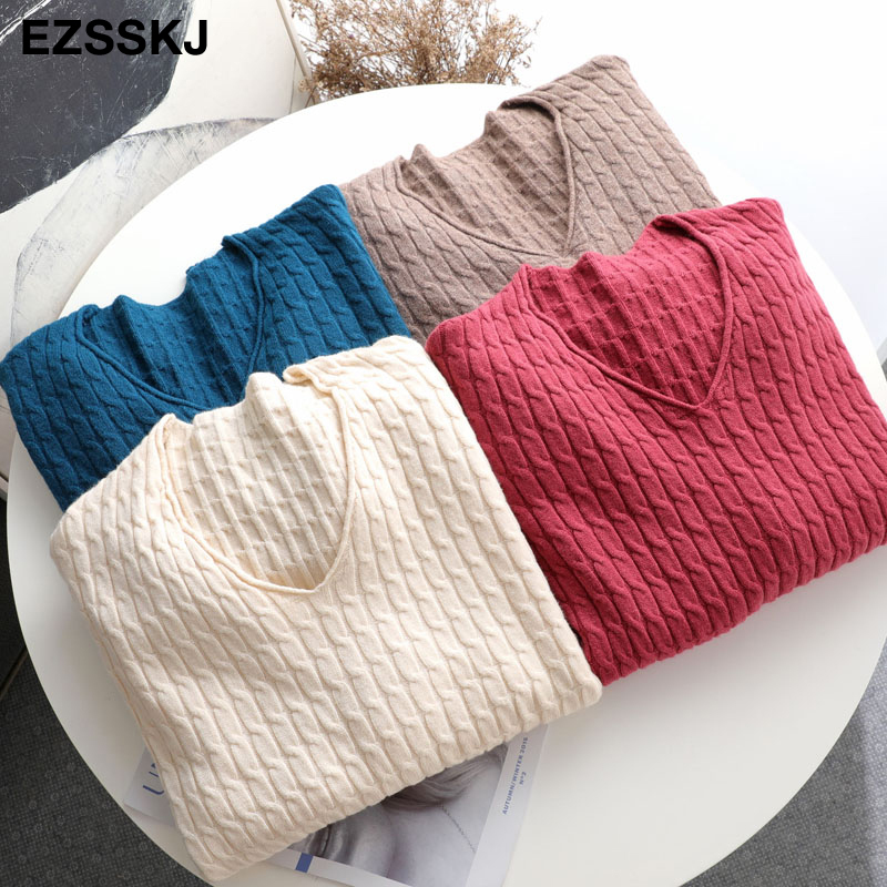 basic spring autumn soft oversize Sweater Pullovers Women v-neck Long Sleeve Knit thick Sweater Female Jumpers solid sweater 201031