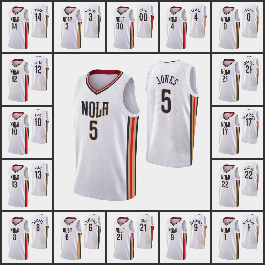 New Orleans Pelicans''C.J. McCollum Zion Williamson Brandon Ingram Herbert Jones Larry Nance Jr. Custom City White Edition 2022 75th Anniversary Jersey
New Orleans Pelicans''C.J. McCollum Zion Williamson Brandon Ingram Herbert Jones Larry Nance Jr. Custom City White Edition 2022 75th Anniversary Jersey