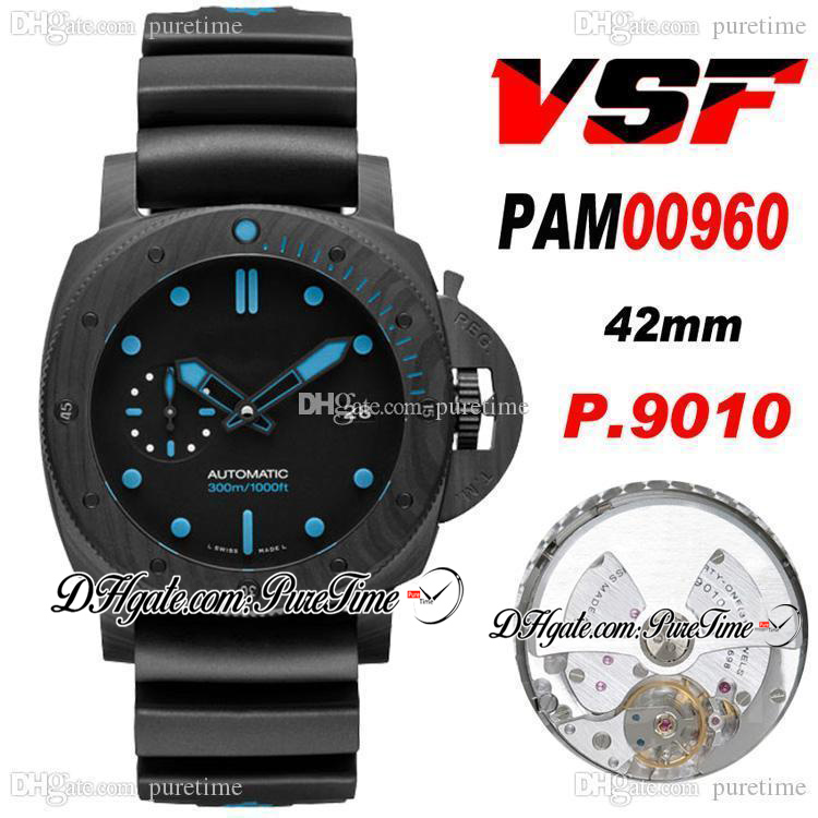 VSF 42mm VS960 P.9010 P9010 Automatic Mens Watch Carbon Fiber Case Black Dial Blue Markers VS00960 Black Rubber Super Edition PTPM Puretime
VSF 42mm VS960 P.9010 P9010 Automatic Mens Watch Carbon Fiber Case Black Dial Blue Markers VS00960 Black Rubber Super Edition PTPM Puretime