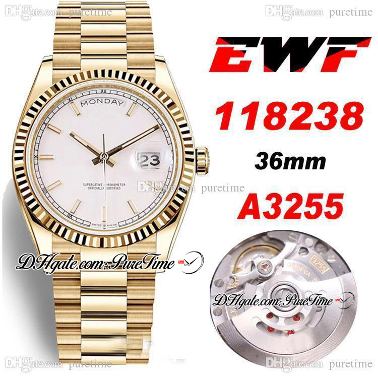 EWF Day Date 36mm 118238 A3255 Automatic Mens Watch 18K Yellow Gold White Dial Stick Markers Stainless Steel Bracelet 2021 PTRX Puretime d4, Storage bag (no watch)
EWF Day Date 36mm 118238 A3255 Automatic Mens Watch 18K Yellow Gold White Dial Stick Markers Stainless Steel Bracelet 2021 PTRX Puretime d4, Storage bag (no watch)