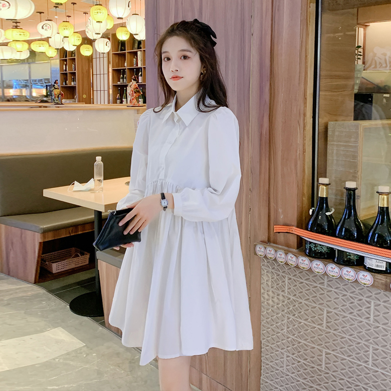 852# Maternity Clothes Spring Autumn Turn Down Collar Mid-Long Shirt Dress LJ201123