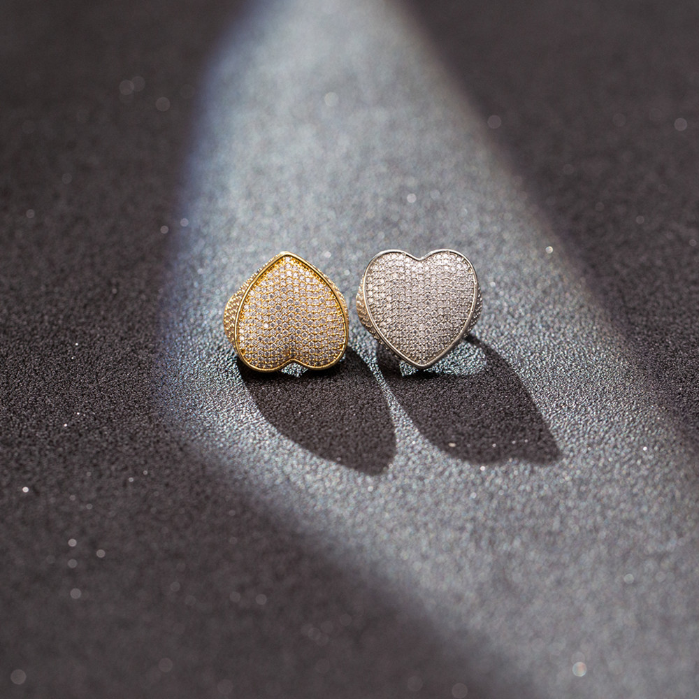 Iced Out Gold Sier Big Heart Rings CZ Ring With Side Stones Full Bg Hip Hop Punk Men Women Jewelry
