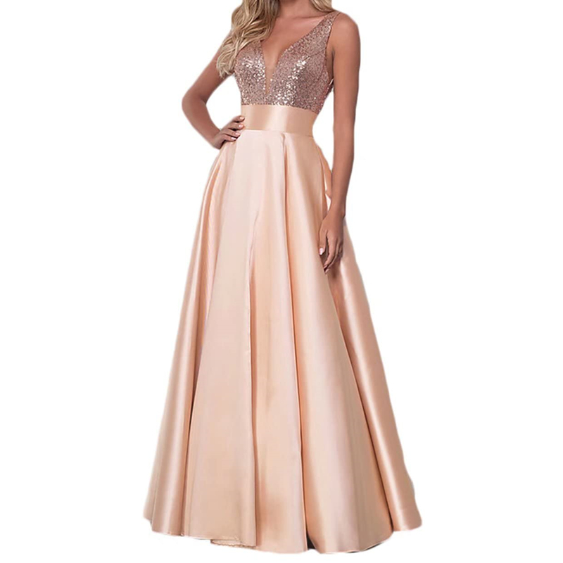 Sexy Deep V-Line Sequins Formal Evening Dresses With A-Line Satin Backless Lace-Up Prom Party Gowns BE03