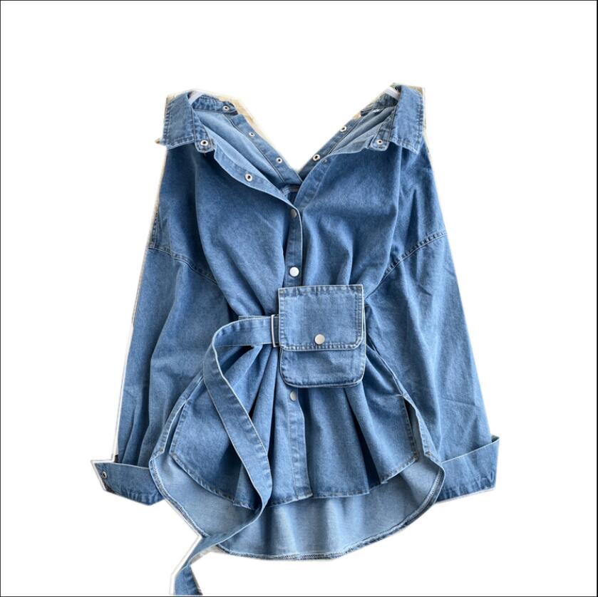 Denim Shirt Women's Backless Lace-up Waist Bag Fashion Jeans Blouse Coat Ladies Streetwear Jean Blusa Femme Spring and Autumn T200321
