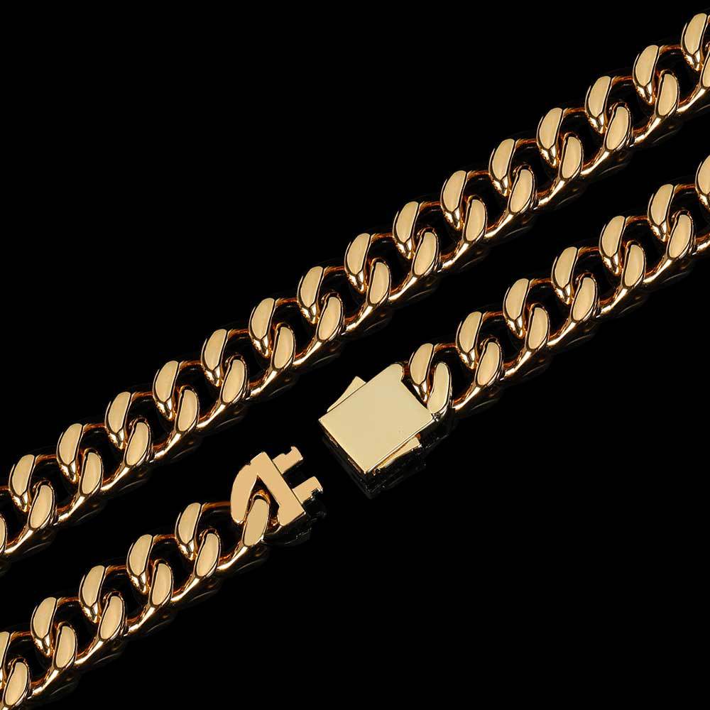 Stainless Steel Jewelry Hip Hop Necklace Micro Inlay Zircon Spring Buckle Four Sides Polished Cuban Chain Necklace