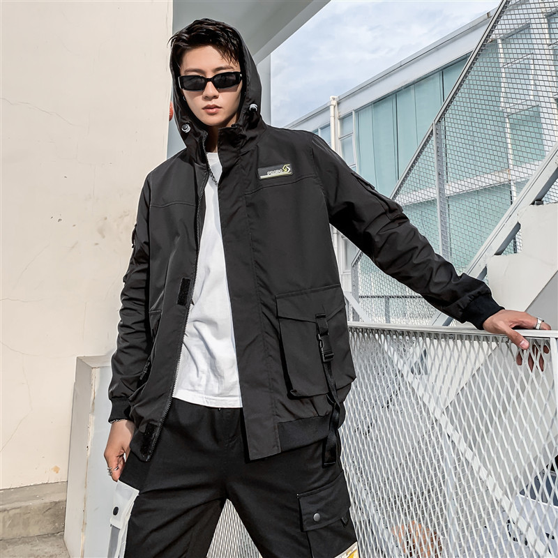 Men Night reflective gray Hooded Windbreaker Jacket male Streetwear Multi-pocket Ribbon Loose Casual Jackets Coats 201127