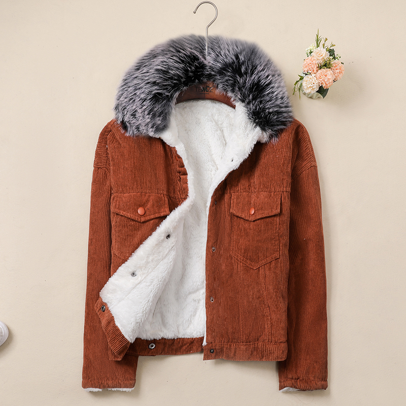Big Fur Winter Corduroy Jackets Women Warm Lamb Fur Lining Coats Casual Fashion Female Bomber Jacket Student Short Outerwear 201019