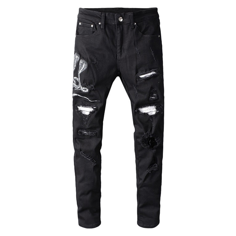 Sokotoo Men's snake embroidered black ripped jeans Slim skinny holes patchwork stretch denim pants C1123
Sokotoo Men's snake embroidered black ripped jeans Slim skinny holes patchwork stretch denim pants C1123