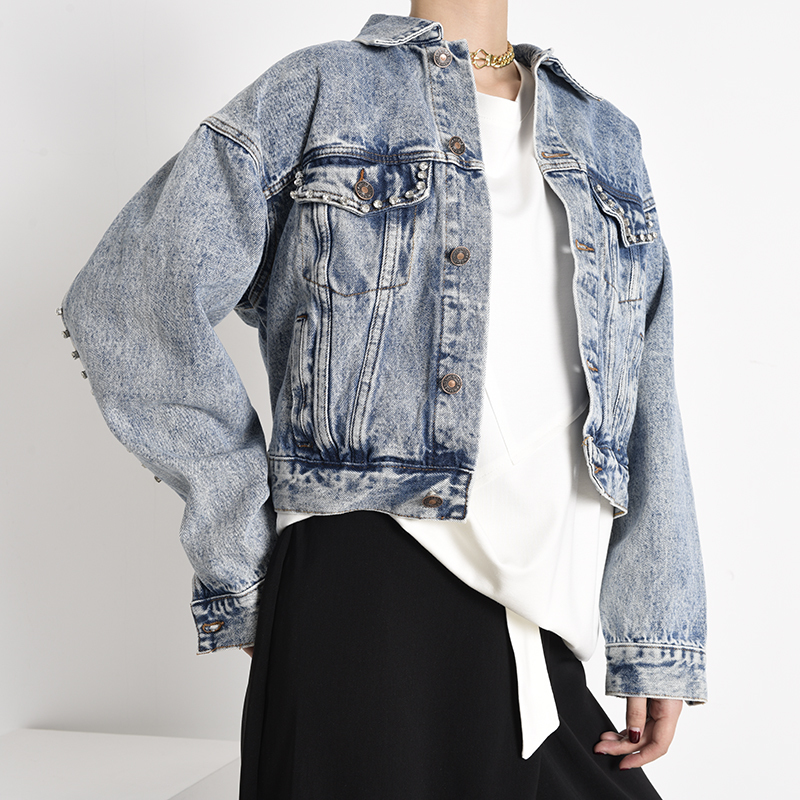 EAM Blue Short Rhinestones Hollow Out Denim Jacket Lapel Long Sleeve Women Coat Fashion Spring Autumn 1X90305 201029